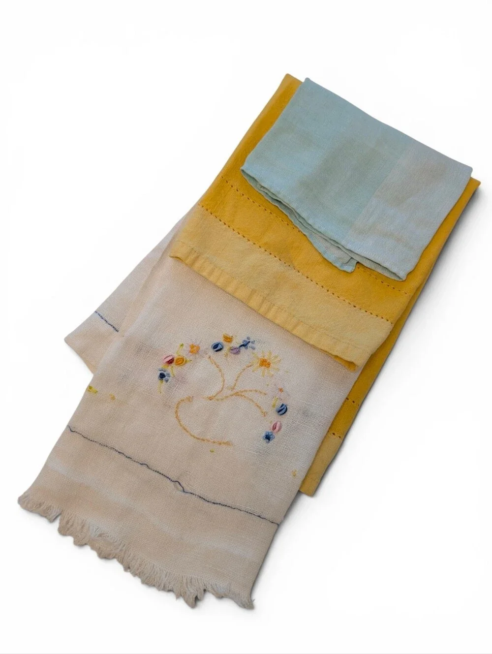 VINTAGE Embroidered Linen Tea Towels Cream Yellow Aqua 3-Set Lot